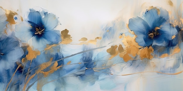 Prachtige abstracte gouden en blauwe impressionistische bloemdessin achtergrond mooie generatieve AI AIG32