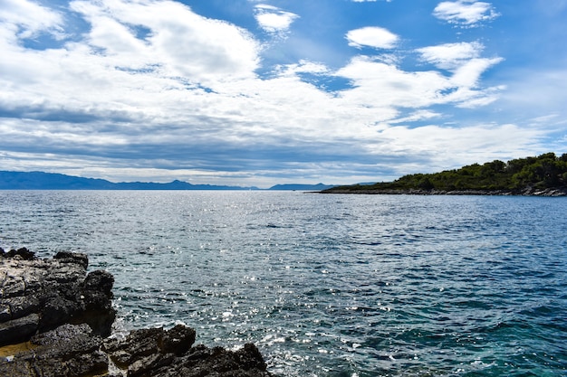 Prachtige Adriatische zee in Kroatië. Groene dennen, rotsen, blauw water, mooi