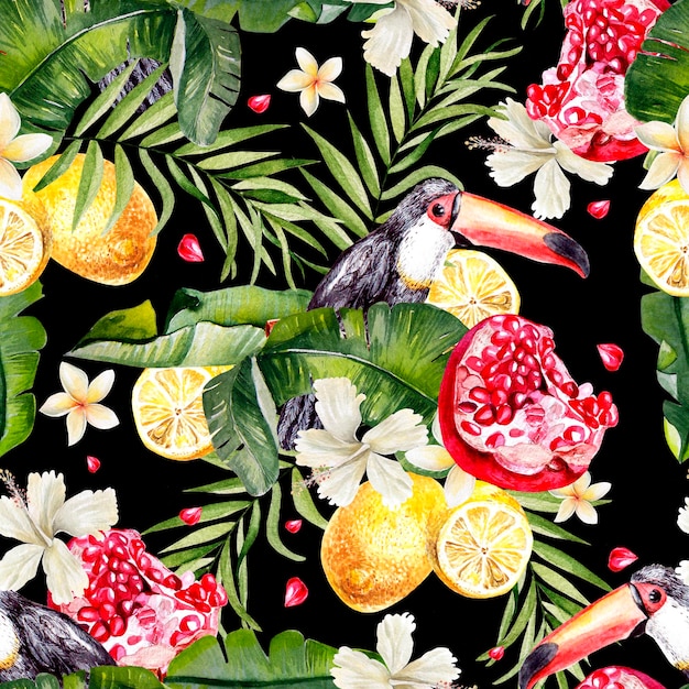 Prachtige aquarel naadloze tropische jungle bloemmotief achtergrond met palmbladeren