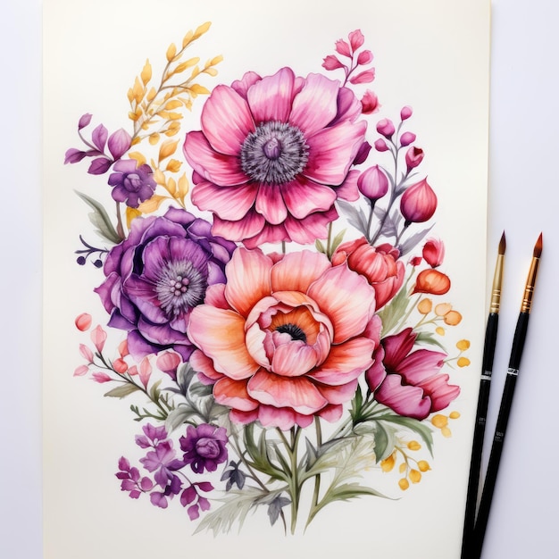 Prachtige aquarellekkernijen Een levendig bloemmotief maken op een smetteloos wit canvas