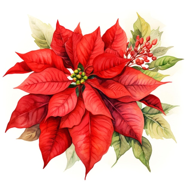 Prachtige aquareltak van rode poinsettiabloemen op witte achtergrond