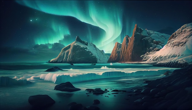 Prachtige aurora borealis over arctische rotsachtige seasca AI gegenereerd