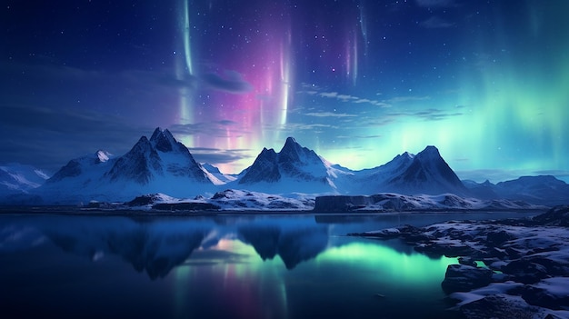 Foto prachtige aurora borealis over de besneeuwde bergen in scandinavië achtergronden behang of activa