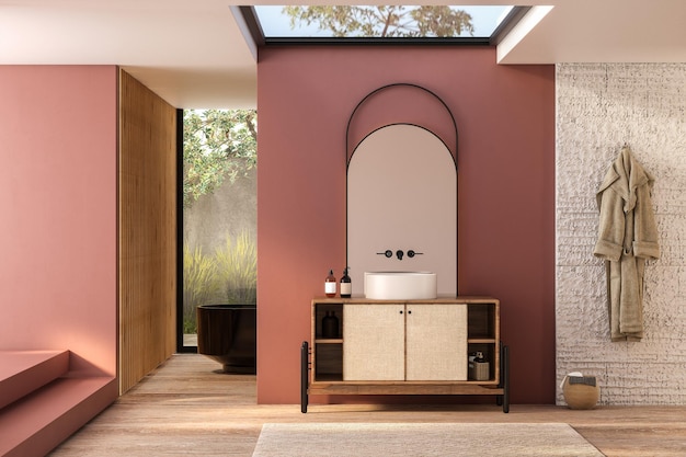 Prachtige badkamerrenovatie met prachtig ijdelheid dakraam roodgekleurde muren houten lambrisering badkuip badjas tuingericht raam ochtendzon en een plafondraam Beschikt over een Marokkaanse stijlRender