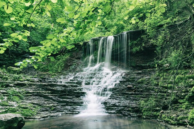 Prachtige berg regenwoud waterval met snel stromend water en rotsen lange blootstelling Natuurlijke seizoensgebonden reizen buiten achtergrond in hipster vintage stijl