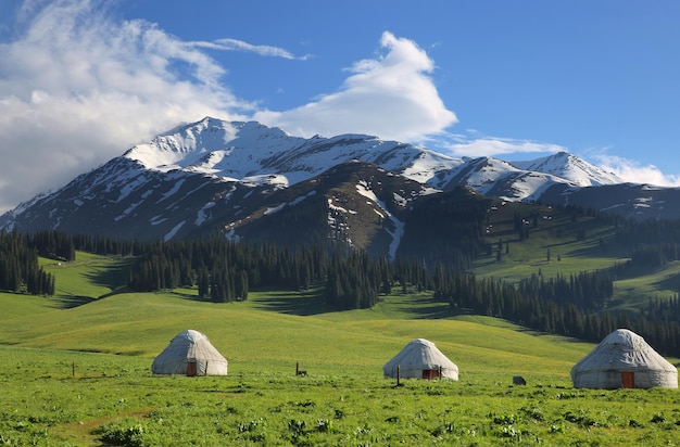 Prachtige berg sneeuwvlakte Yurt berglandschap