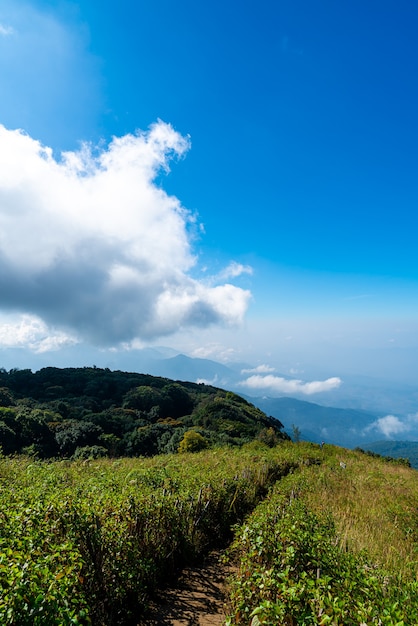 prachtige berglaag met wolken en blauwe hemel op Kew Mae Pan Nature Trail in Chiang Mai, Thailand