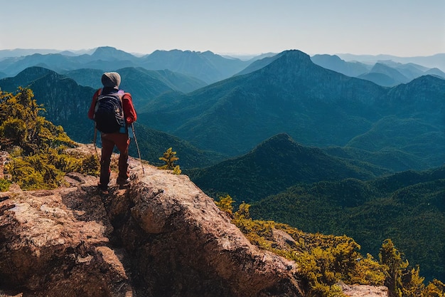 Foto prachtige bergnatuur en toerist die zich bezighoudt met wandelreizen