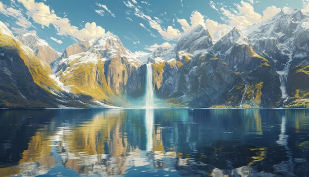 Prachtige besneeuwde bergen meer en waterval minimalistische natuur gouden lichtreflectie