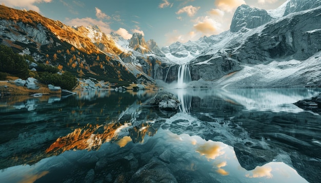 Prachtige besneeuwde bergen meer en waterval minimalistische natuur gouden lichtreflectie