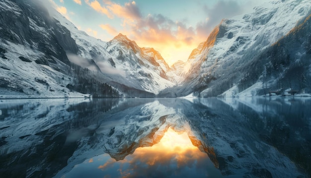 Prachtige besneeuwde bergen meer en waterval minimalistische natuur gouden lichtreflectie