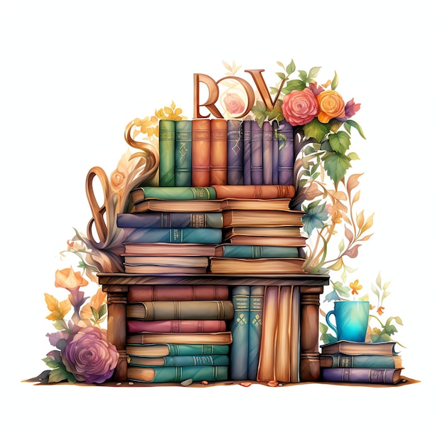 Foto prachtige boekenplank met een book lover teken aquarel clipart illustratie
