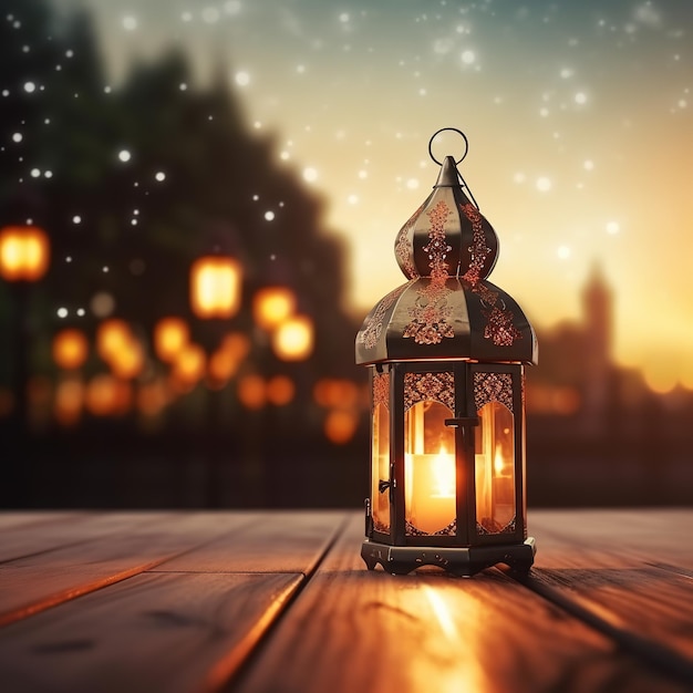 prachtige brandende Arabische lantaarn op houten