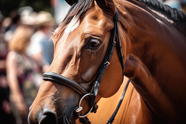 Prachtige close-up van het hoofd van een sportpaard tijdens een springconcours