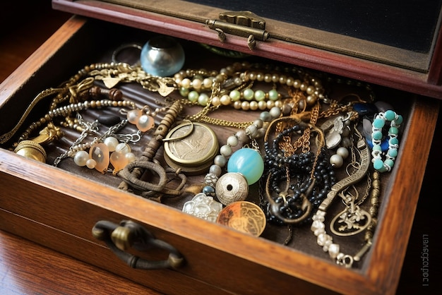 Foto prachtige collectie vintage sieraden in antieke houten kist gemaakt met generatieve ai-tools