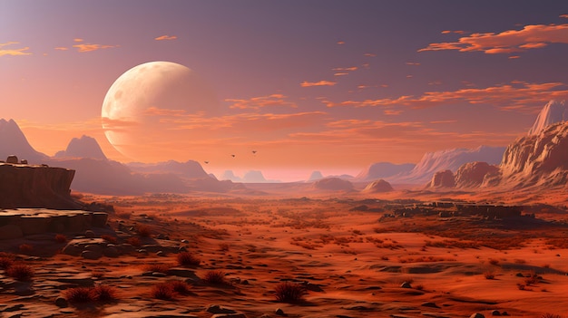 prachtige fantasie buitenaardse planeet Woestijnlandschap met roze bomen en blauwe lucht in 3D renderen