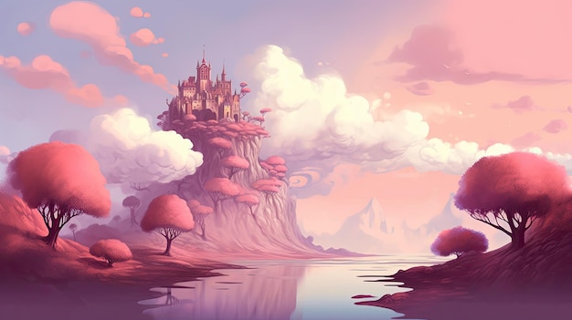 prachtige fantasy landschap achtergrond illustratie met meer berg uitzicht hemel en bomen