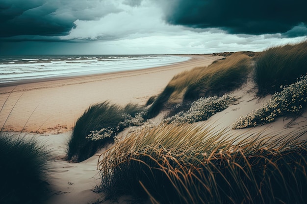 prachtige foto van een grazige weide langs de Franse kust, genomen op een sombere dag