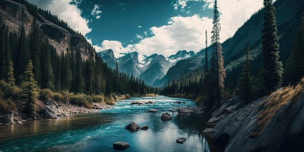 Prachtige foto van een rivier omgeven door beboste bergen en een mistige blauwe lucht