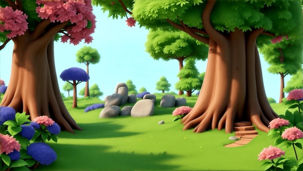prachtige fotografie 3D Cartoon Forest scène bomen bloementuin overdag