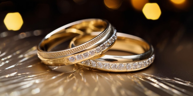 prachtige gouden trouwringen met diamanten op een bokeh-achtergrondkopie