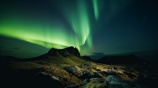 Prachtige groene auroralichten boven rotsachtig landschap