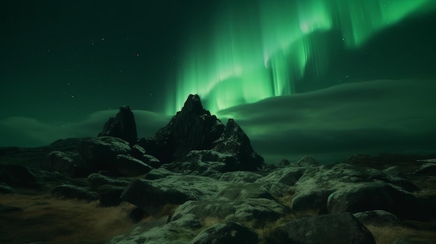 Prachtige groene auroralichten boven rotsachtig landschap