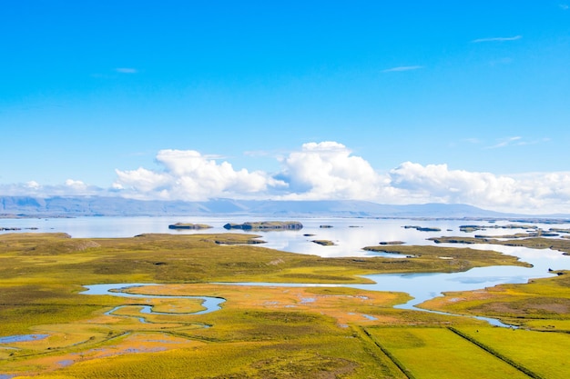 Prachtige groene vallei met de Atlantische Oceaan in de verte met heldere lucht en wolken zomer in IJsland