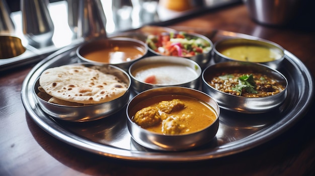 Foto prachtige heerlijke indiase thali gerecht symfonie van specerijen en smaken thali siert café tafel