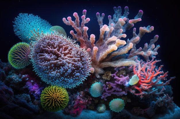 Prachtige hermatypische zeekoralen van verschillende kleurrijke soorten onder de zee
