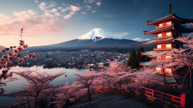 prachtige Japanse landschappen Mount Fuji en rode pagodes