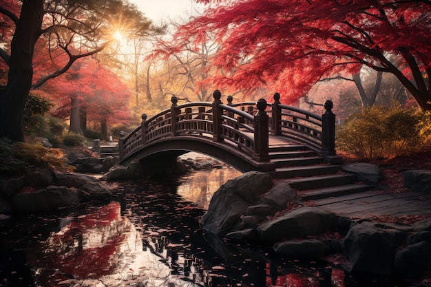 Prachtige Japanse tuin met rode bladeren Hoge kwaliteit foto