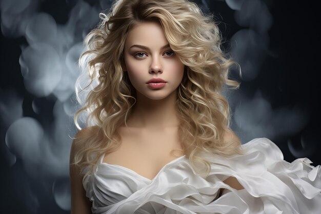Prachtige jonge vrouw met zorgvuldig gestileerd avond haar boeiend in een adembenemende witte jurk