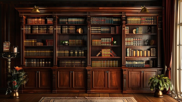 Foto prachtige klassieke houten bibliotheek met boeken onderwijs en studie veel boeken in een oude vintage kast