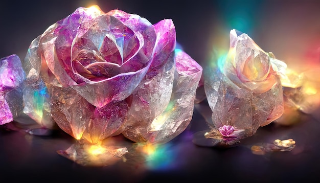 Prachtige kristallen roze bloemen Ai gegenereerde magische bloei mystieke gloeiende edelstenen Generatieve Ai