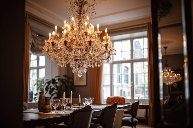 Prachtige kroonluchter die aan het sierlijke plafond boven de eettafel hangt, gemaakt met generatieve AI