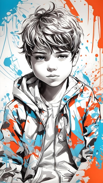 Prachtige kunstwerken en schilderijen van een kleurrijke jonge jongen, versierd met levendige kleuren