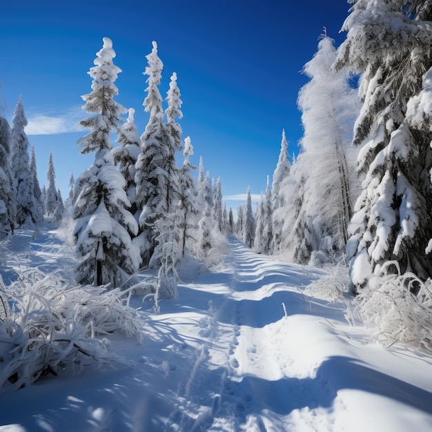 Prachtige landschap besneeuwde weg in het bos tussen de bomen winterseizoen Generatieve AI