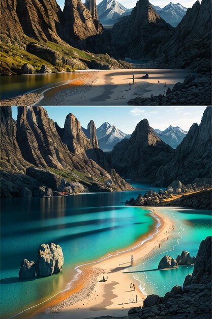 Prachtige landschapsfotografie behang achtergrond pieken lake canyon hemel witte wolken