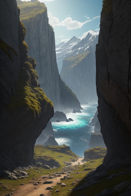 Prachtige landschapsfotografie behang achtergrond pieken lake canyon hemel witte wolken