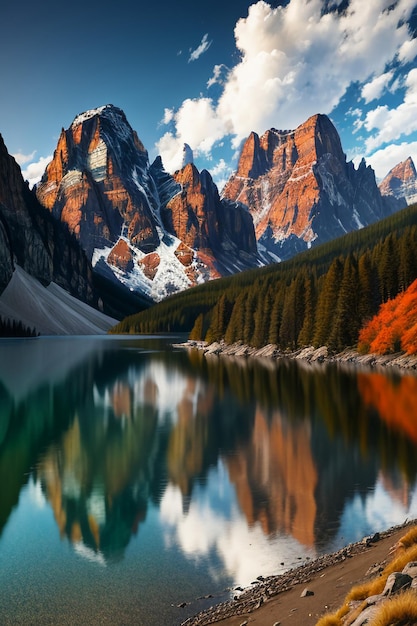 Prachtige landschapsfotografie behang achtergrond pieken lake canyon hemel witte wolken