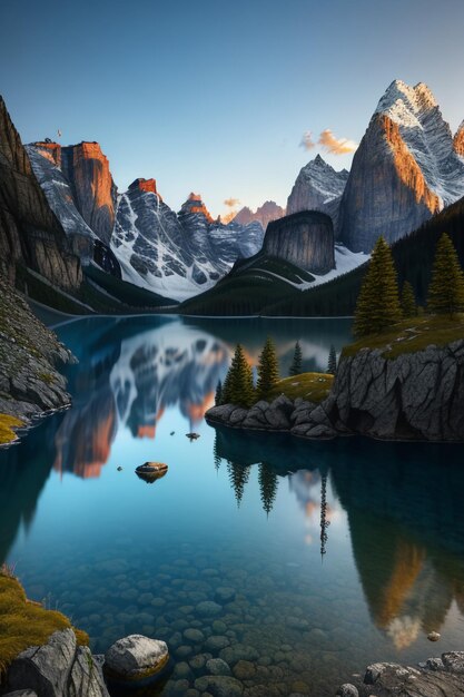 Prachtige landschapsfotografie behang achtergrond pieken lake canyon hemel witte wolken