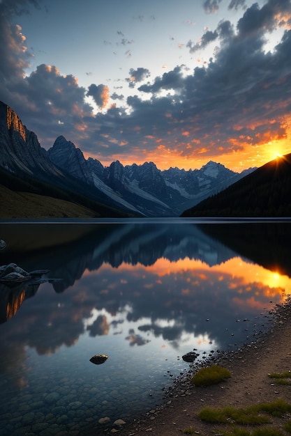 Prachtige landschapsfotografie behang achtergrond pieken lake canyon hemel witte wolken