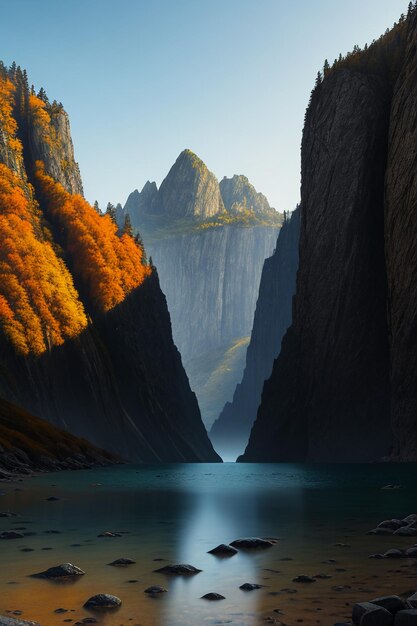 Prachtige landschapsfotografie behang achtergrond pieken lake canyon hemel witte wolken