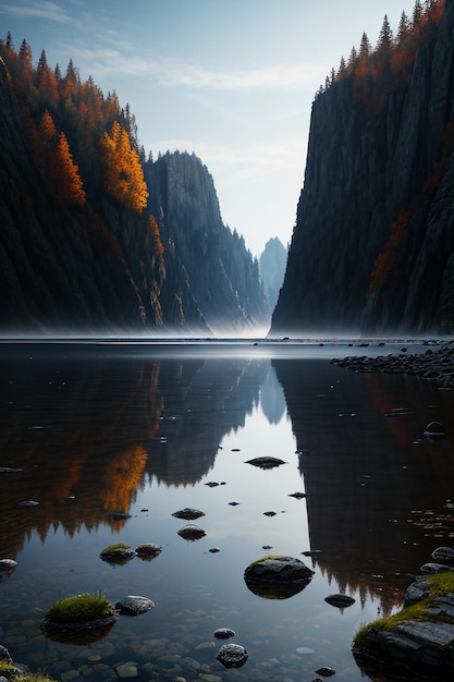 Prachtige landschapsfotografie behang achtergrond pieken lake canyon hemel witte wolken