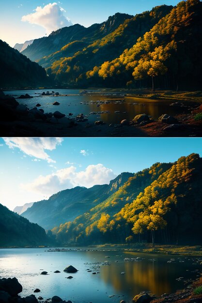 Prachtige landschapsfotografie behang achtergrond pieken lake canyon hemel witte wolken