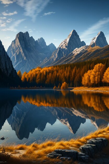 Prachtige landschapsfotografie behang achtergrond pieken lake canyon hemel witte wolken