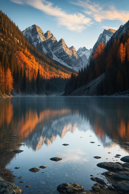 Prachtige landschapsfotografie behang achtergrond pieken lake canyon hemel witte wolken