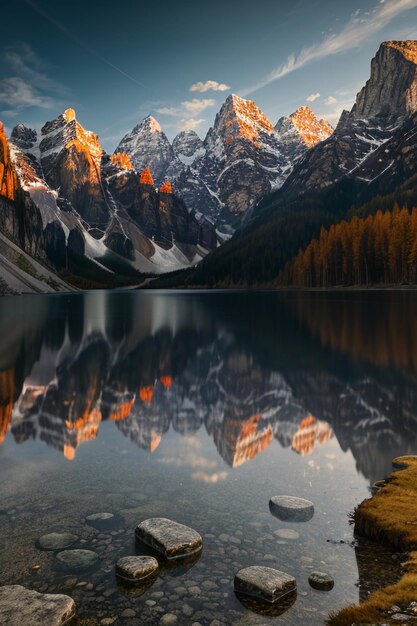 Prachtige landschapsfotografie behang achtergrond pieken lake canyon hemel witte wolken