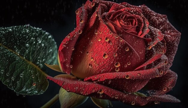 Prachtige macro-opname van een rode roos bedekt met verse ochtenddauw